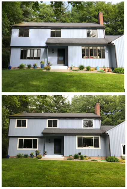 Slide 2: New front windows modernize the look of this blue house