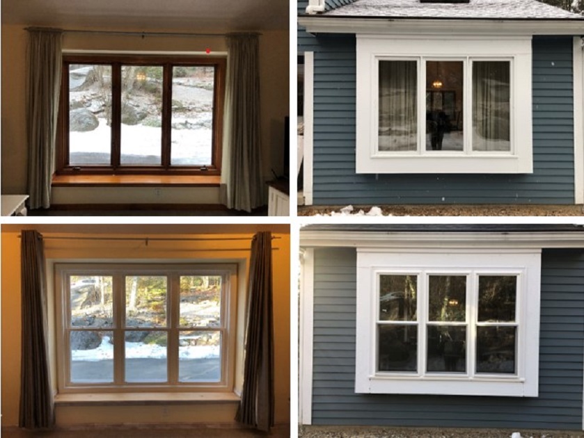 Slide 5: Inside and outside views show a front window with 3 panes opening outward using a lever, replaced by 3 panes operated by sliding the bottom half up